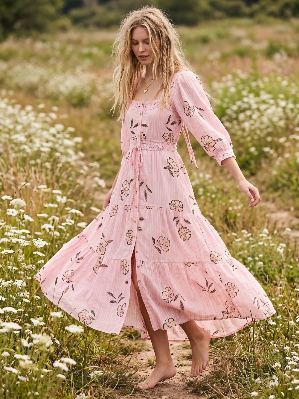 Free People Bohemian Cottage Ethereal Dainty Morning Meadows Maxi Dress Large - Picture 4 of 16